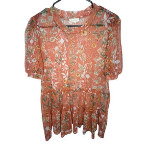 Meraki Boho Cottagecore Sheer Floral Short Sleeve Babydoll Blouse